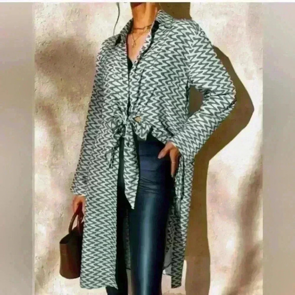 Zara Dresses & Skirts - ZARA | Women's Green/Brown Cotton Zigzag Collard Tie Up Long  Sleeved Dr…